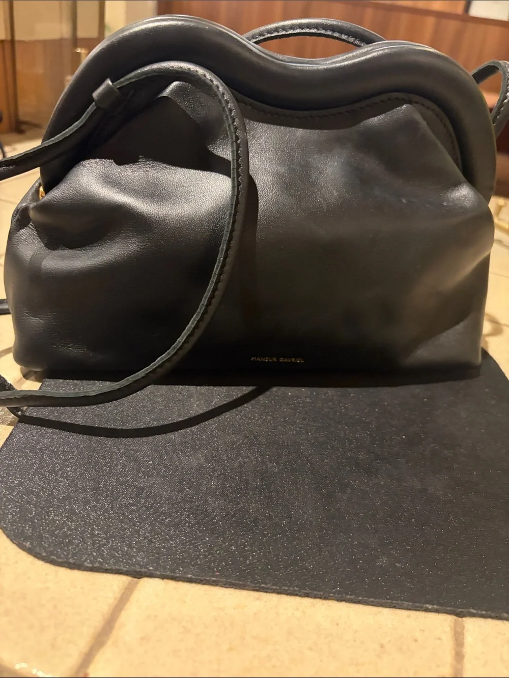 Authentic Mansur Gavriel Black Leather Shoulder Bag with Slim Strap